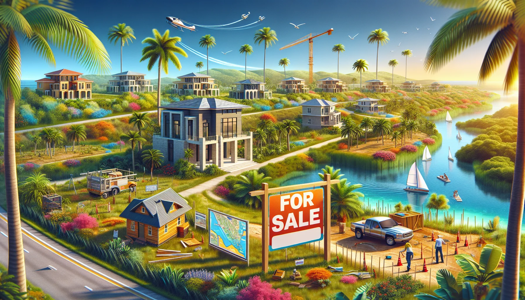 Illustration of coastal land with a for sale sign and palm trees