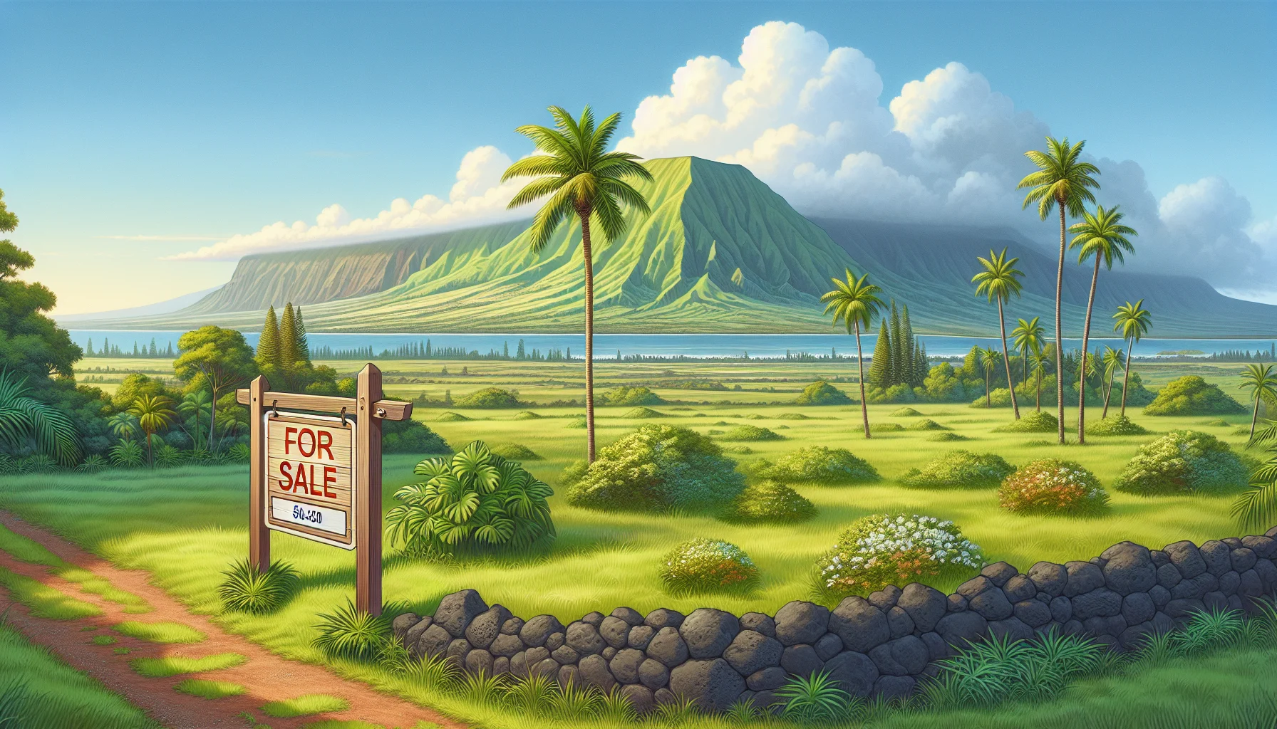 Illustration of green rural land with a for sale sign and mountains