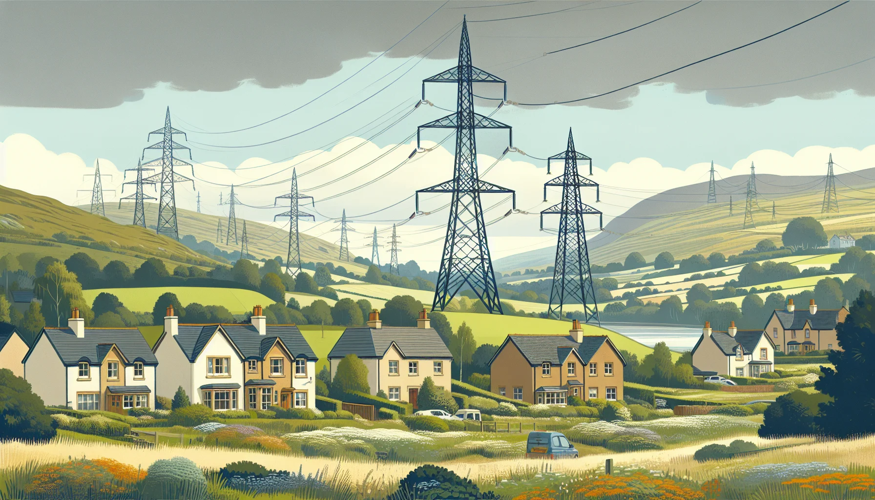 Illustration of electrical transmission towers crossing a town and valley