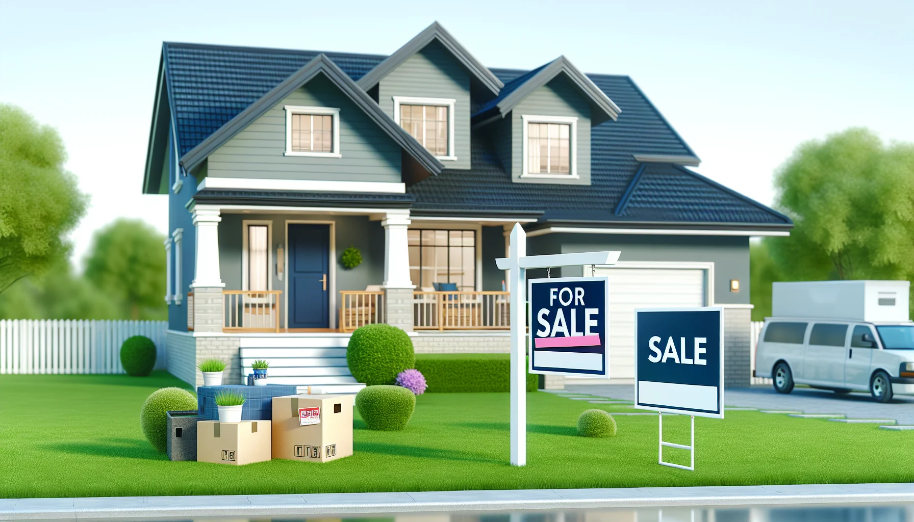 Two-story house with real estate sale signs in the front yard