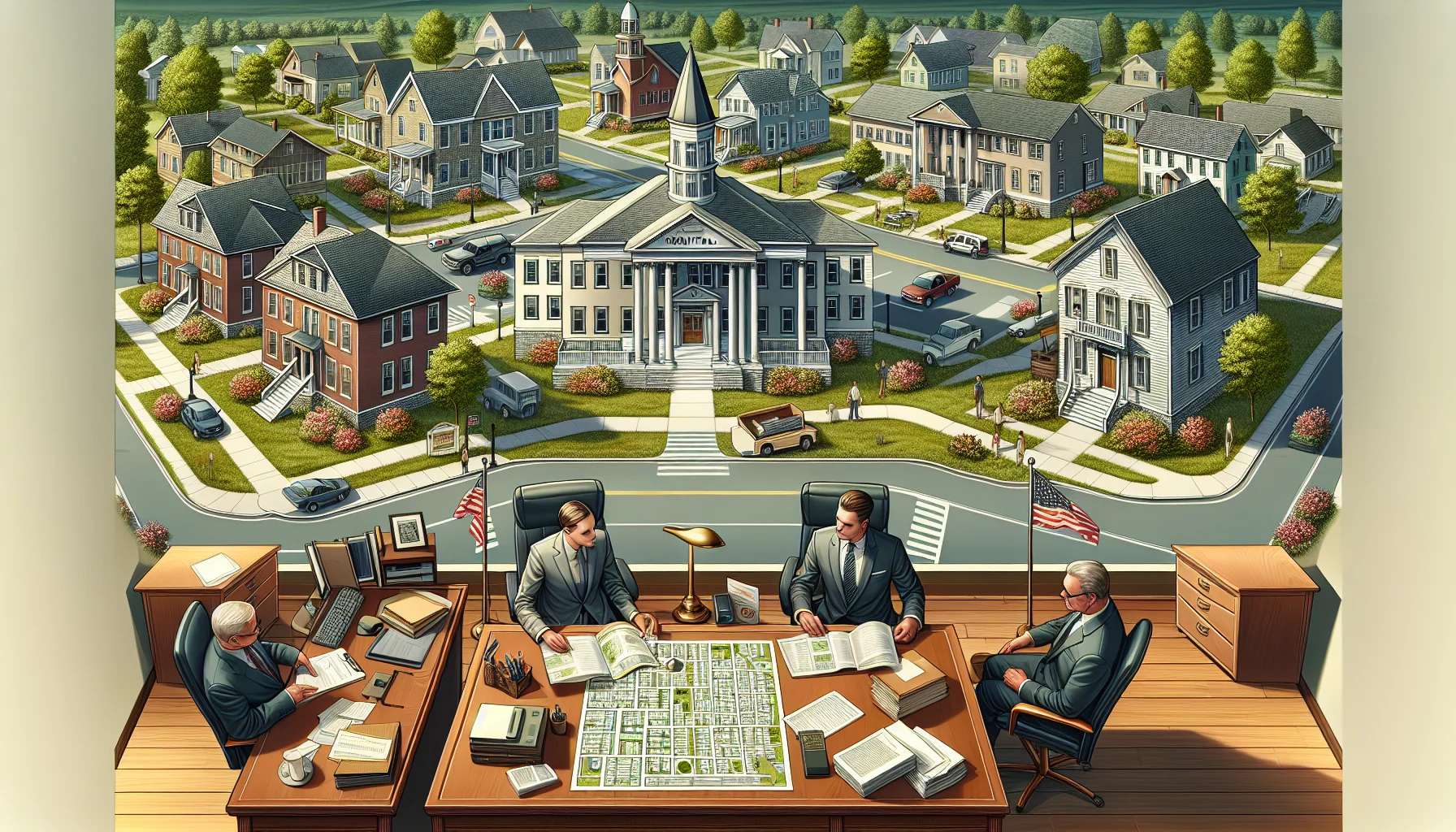 Illustration of a planned residential community surrounding a worktable