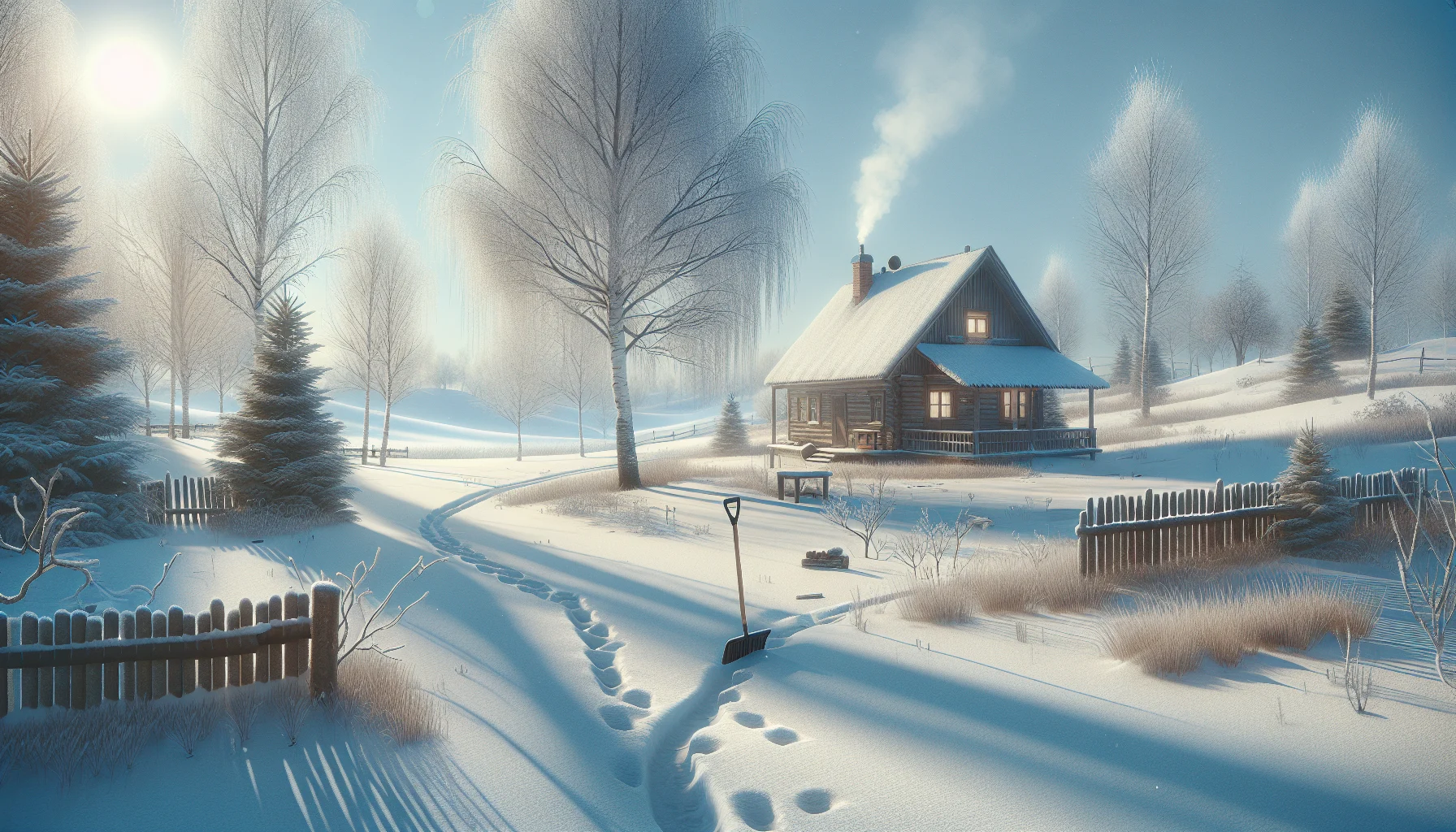 Snow-covered rural road with houses and smoke rising in the distance